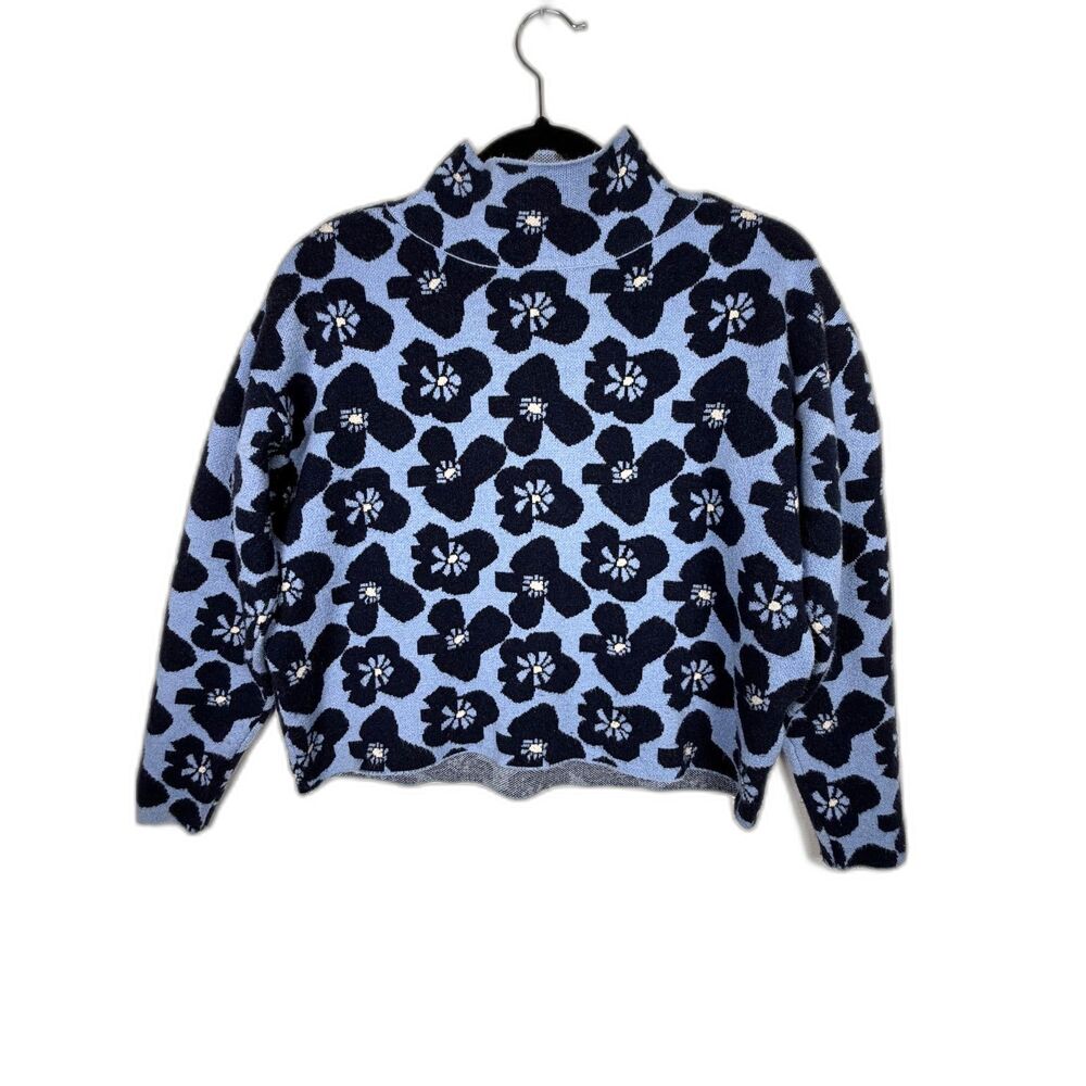 Maeve by Anthropologie Carys Floral Mock Neck Sweater Blue Boxy Fit Sz XXS